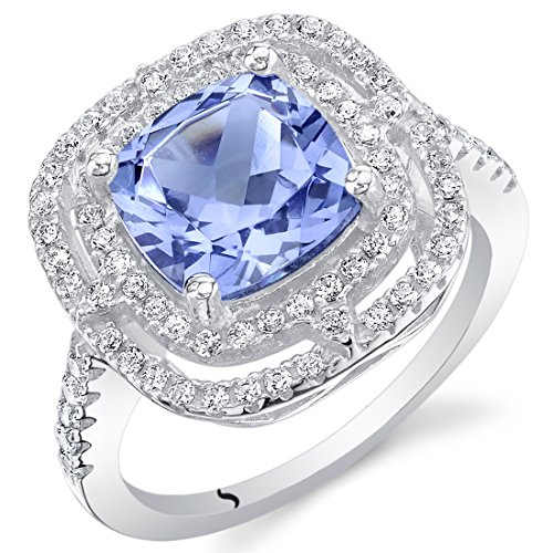 PEORA Simulated Tanzanite Ring for Women 925 Sterling Silver Double Halo, 3 Carats Cushion Cut 8mm, Comfort Fit, Sizes 5 to 9