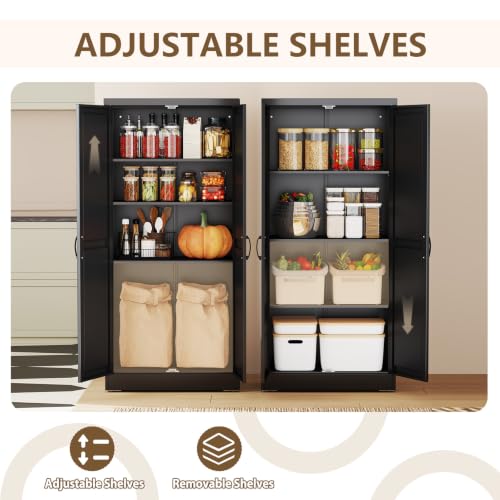 Image of Black Metal Storage Cabinet, 67 inch Kitchen Pantry Cabinets for Office | Steel Kitchen Pantry Storage with Doors and 3 Adjustable Shelves, Metal Tool Cabinet, for Office, Home, Garage, School