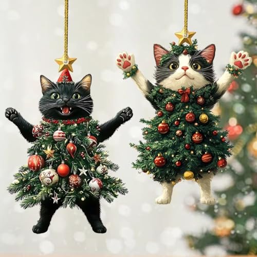 Conjunto de enfeites de acrílico para gatos de Natal - Árvore festiva - Decorações para pendurar em forma de gato para árvore de Natal e casa/2 peças