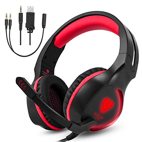 Koiiko® - Auriculares de diadema con micrófono para PC, portátil, tablet, teléfono móvil y PS4 (enchufe 3,5 mm, enchufe USB, luz LED, control de volumen) 