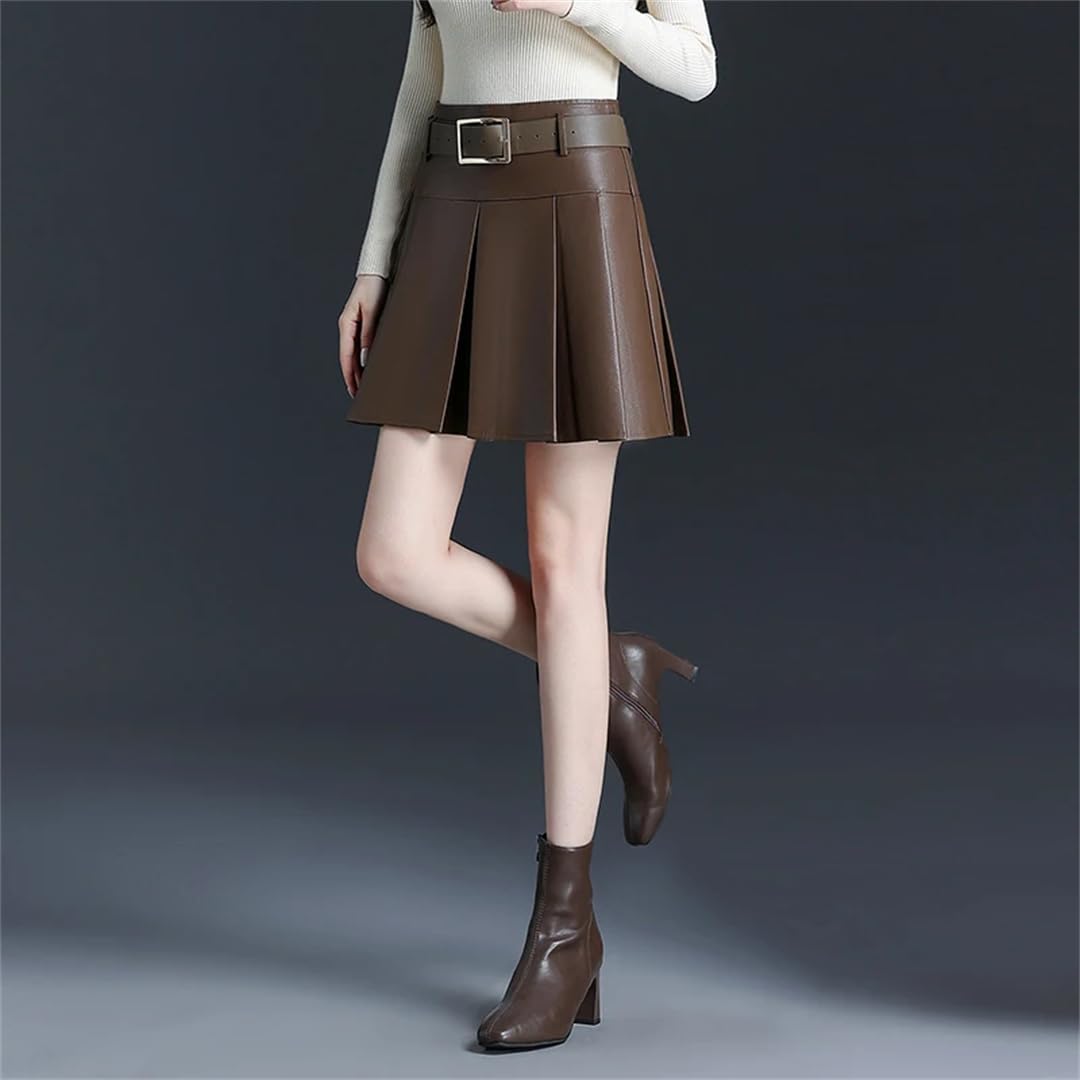 Minifalda plisada de piel sintética para mujer, cintura alta, simple, elegante, corta