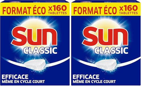 Sun Pastilles Lave-Vaisselle Classic, 160 tablettes, Efficace même pendant les cycles courts et à basse température, Produit fabriqué en France (Lot de 2)