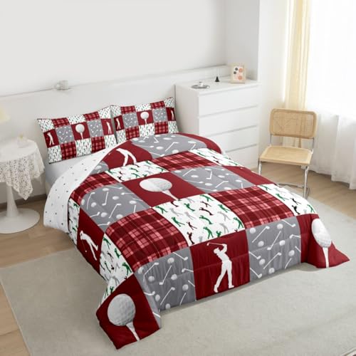 Image of Feelyou Golf Comforter Set King Size Red Plaid Buffalo Check Geometric Bedding Set for Kids Boys Girls Sports Theme Duvet Quilt Bedroom Decor Microfiber 3 Pcs with 2 Pillow Cases