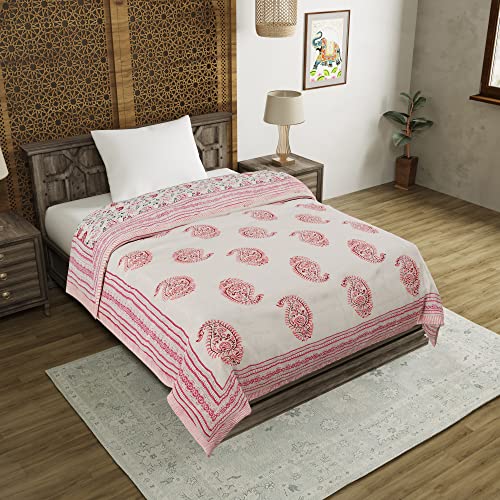 Image of BLOCKS OF INDIA Cotton Single Size Quilt Hand Block Print for Light Winters (60X90 Inches) (Pink Jaal), Lightweight, 300 TC