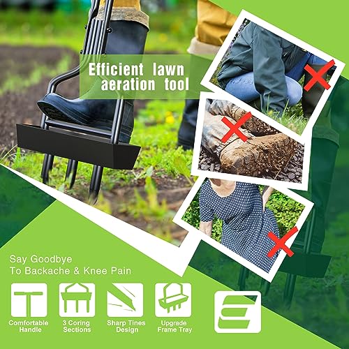 EEIEER Lawn Aerator Coring Tool, Manual Aerator Lawn Tool with Soil Storage Basket, 3 Core Tines Yard Aeration Tools with Cleaning Tool, Plug Aerator for Compacted Soil & Lawn Care - Image 6