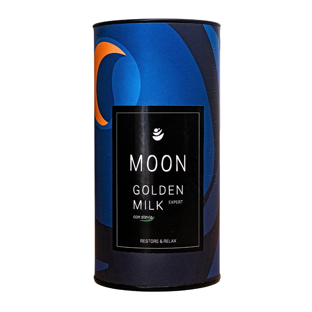 Moon Golden Milk Expert con Stevia 150gr (75 porciones) - Leche dorada en polvo - Mezcla de Curcuma en polvo, Ashwagandha, Jengibre, Stevia y Pimienta negra con alta concentración de curcumina