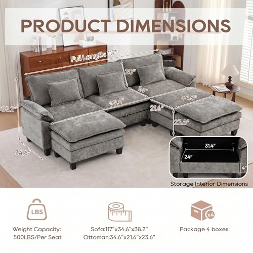 Image of IPKIG 117 inch Modular Cloud Couch with Storage, C Shaped Sectional Sofa | 3 Seater Grey Chenille Deep Seat Sectional Couches with Ottoman and Pillow for Living Room, Apartment