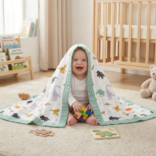 Image of Little Jump Dinosaur Muslin Blanket Baby Quilt - Silky Soft and Breathable Crib Blanket for Daycare - Large 47 inch x 47 inch - 2 Layers Toddler Summer Blankets for Boys (Dinosaur)