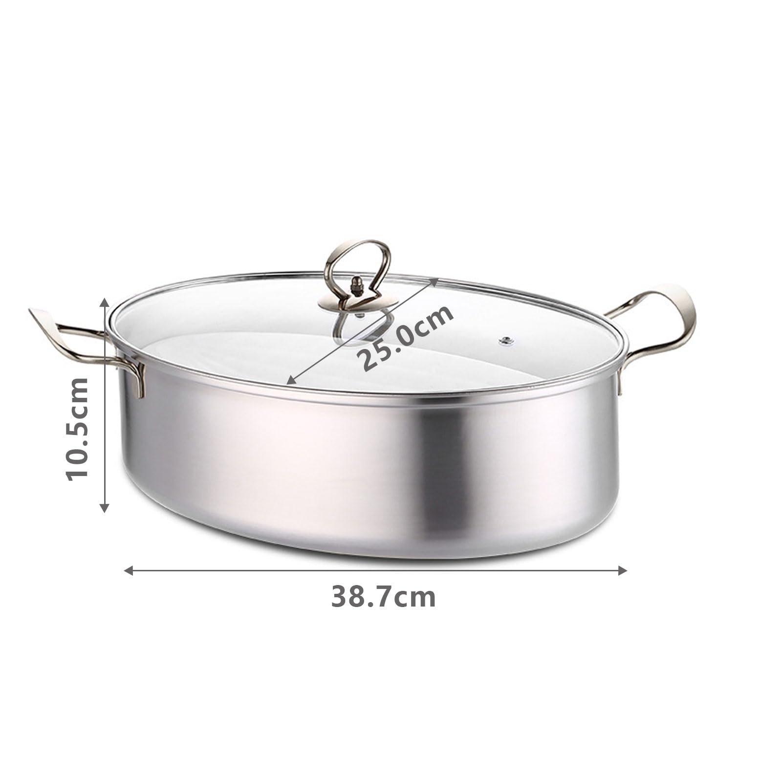 Dampfgartopf aus Edelstahl 304, elliptischer gedämpfter Fischtopf zum Kochen, Mehrzweck-Kochgeschirr mit Deckel für Fisch, Tamale, Knödel, Soße, silberner Griff (Silbergriff)