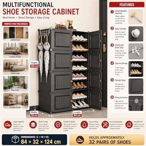 Image of Mevigo 16-Tier Shoe Rack with 6-Doors| Holds 32 Pairs |Waterproof & Dustproof Modular Plastic Shoe Cabinet| Foldable Stackable Shoe Organizer with Metal Frame |Space Saving Storage for Home,Entry Way