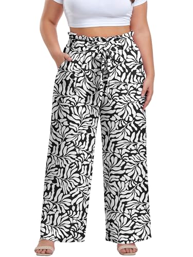 Image of OLRIK Women's Plus Size Pants Adjustable High Waisted Wide Leg Palazzo Pants Casual Trousers with Pockets Spring Clothes