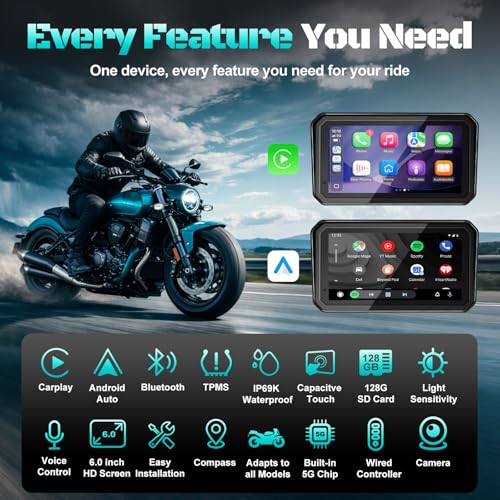 Image of 2026 LBW 6 inch Portable Motorcycle CarPlay GPS(Includes 128G SD), with Wireless Android Auto, Dual 2K Dash Cam /Recorder, Navigation, HD Waterproof Touchscreen, Quick-Release Magnetic Bracket, TPMS, BT