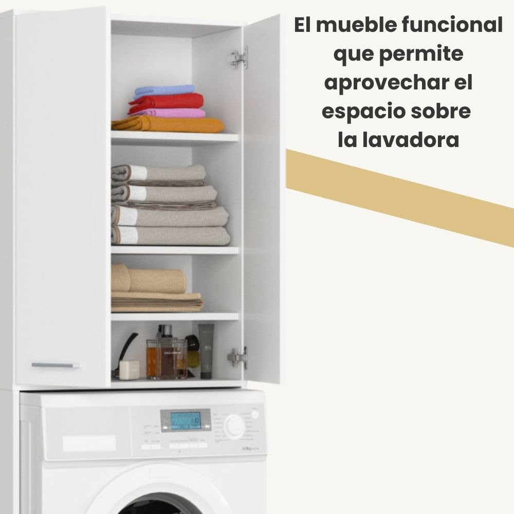 AKORD | Columna de Pared para empotrar Lavadora | Mueble Alto con 2 Puertas | Mueble contenedor de baño | CajoNero para Lavadora | 64x180x30 cm | Peso 30 kg | Blanco