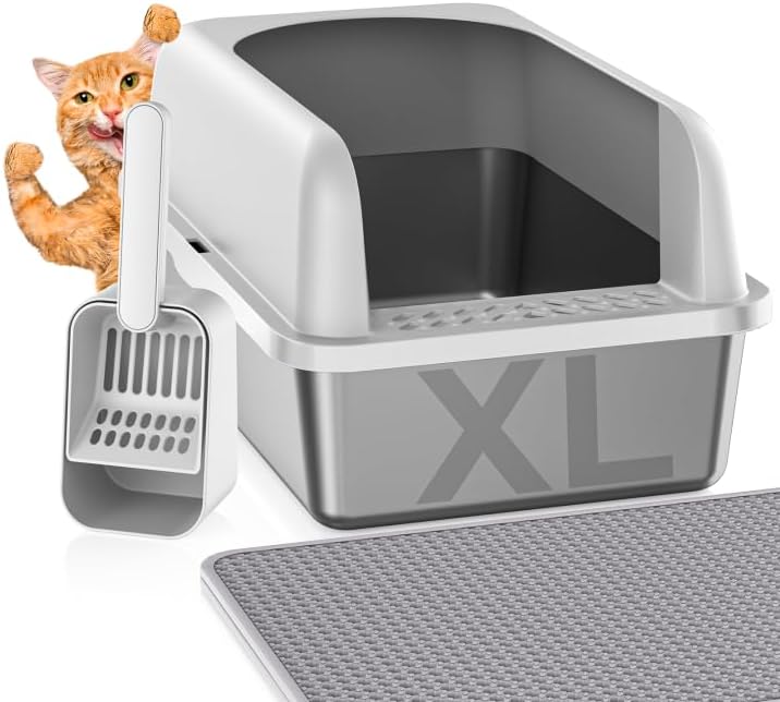 Stainless Steel Litter Box with Lid, Metal Litter Box with Cat Litter Mat,Extra Large Enclosed Cat Litter Boxes for Multiple Cats, Anti-Leakage,Non-Stick, Easy to Clean, Included Mat, Scoop 1 Pack-XL