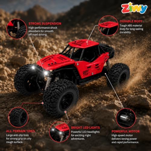 Image of ZIVVY Big Red Remote Control Car | Rock Crawler | LED Headlight | Rechargeable Battery with Type c Charger | 100m Range | Smoke | Toy Car for Kids & Boys 7-14 Years | Birthday Gift for Kids