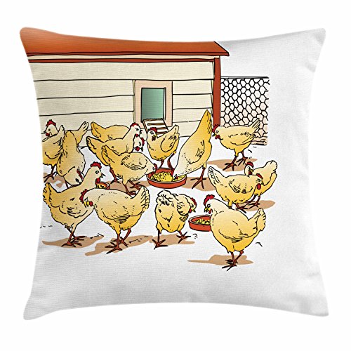 Lunarable Chicken Throw Pillow Cushion Cover, Flock of Hens in a Farm Eating from Food Bowls Colorful Cartoon Style Illustration, Decorative Square Accent Pillow Case, 16