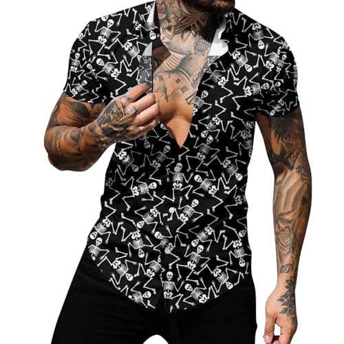 Men's Hawaiian Shirt Skeleton Shirt Casual Button-Down Shirts Short Sleeve Beach Shirt with Pockets
