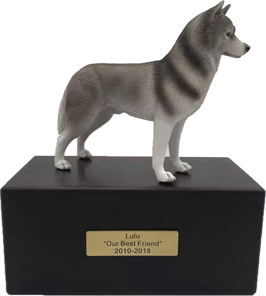 Personalized Rosewood Custom Pet Ashes Urn with Statue Customisable Engraved Nameplate for Dog and Cat Name and Date Pets Box Cremation Funeral Keepsake Urns for Dogs Cats Memorial (Siberian Husky)