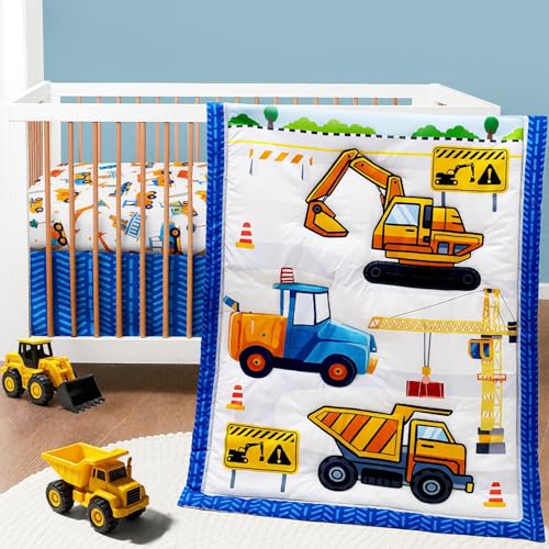 Image of 3 Piece Baby Boy Crib Bedding Set Construction Theme Baby Comforter Set for Crib Nursery Bed Set Decor with Fitted Crib Sheet, Comforter and Skirt for Boys Girls (Construction)