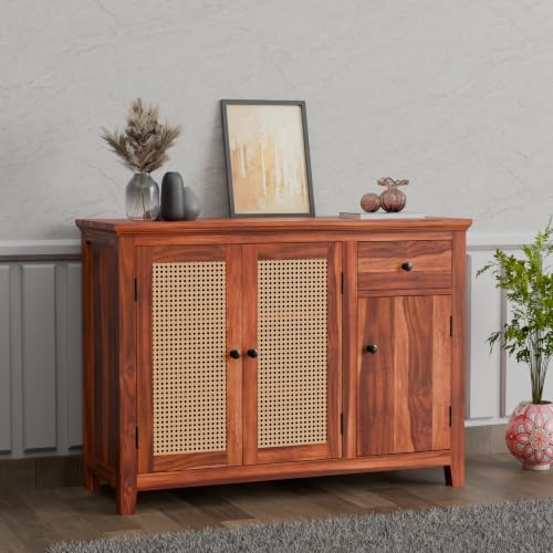 Image of Solid Sheesham Wood Sideboard Cabinet with 2 Cane Doors, Storage Shelves & Drawer | Wooden Storage Cabinet for Living Room, Dining Room & Hallway | Buffet Console Cabinet for Home Decor | Honey Finish