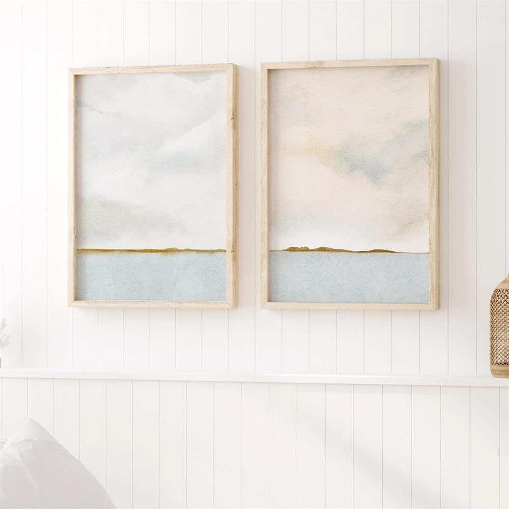 Wuhbcz Multicolored Art Decor,Landscape Coastline Poster Watercolor Sea Sky Art Print Beige Light Pastel Wall Art Canvas Painting Nordic Room Bedroom Kitchen Home Decor-40 * 50Cm*2Pcs (No Frame)