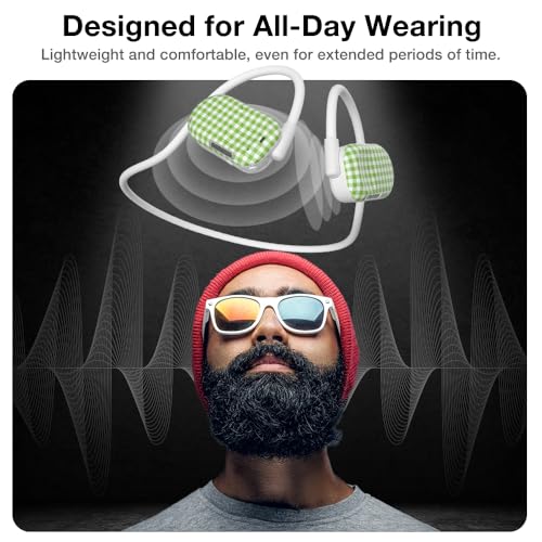Image of Purity Air Open Ear Headphones - True Air Conduction Wireless Bluetooth Open Ear Earbuds with Dual Mic for iPhone /Android - Secured Long Wearing Comfort, Sports Sweat Resistant (Green Checkers)