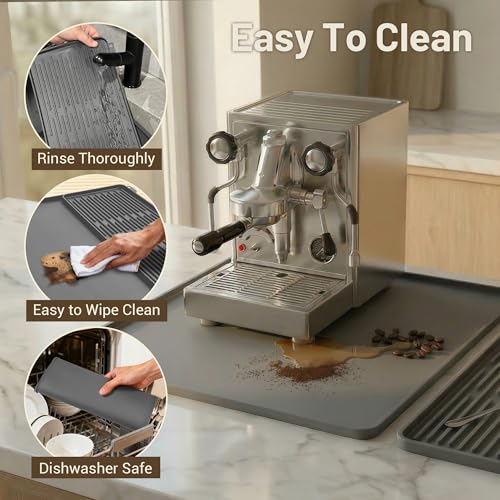 Image of Silicone Coffee Mat for Countertop, 16x16 inch Heat Resistant Espresso Machine Mat, Non-Slip Coffee Bar Mat with Detachable Drying Area and Raised Edge, Waterproof Station Pad - Grey