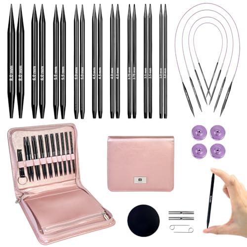 Knitiss Lot de 9 paires d'aiguilles à tricoter circulaires interchangeables en aluminium de 11,5 cm, accessoires et étui