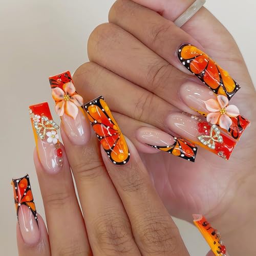 24Pcs Butterfly Wing Press on Nails Long Square Fake Nails 3D Relief Flower with Rhinestone Butterfly Pink White Flower Design False Nails Fall Orange Leopard Print French Tip Acrylic Nails for Women
