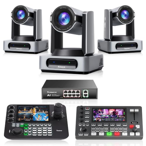 Image of Tenveo PTZ Bundle /Kits - 4K 60FPS 30X AI Tracking NDI PTZ Camera(*3) with SDI /HDMI /USB3.0 /LAN(PoE), 7'' LCD Quad-Screen NDI Joystick Controller, 4K HDMI + SDI Video Switcher and 8 Port PoE Switch
