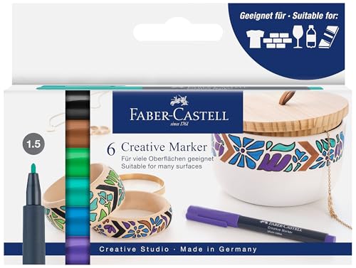 Faber-Castell 160708 – Juego de rotuladores creativos, 6 rotuladores permanentes, juego de rotuladores Fairy Forest, para papel, vidrio, plástico, etc.