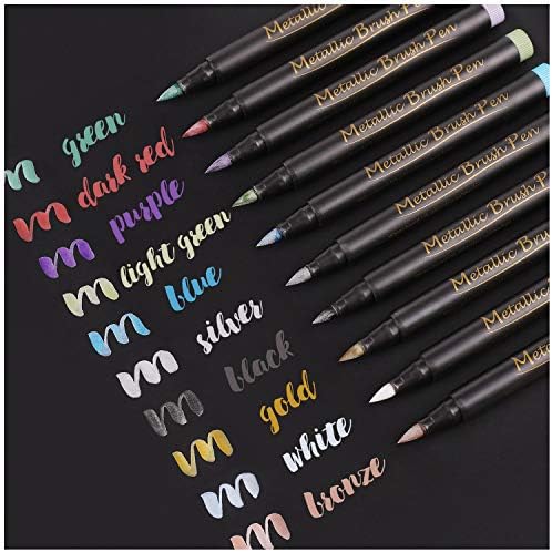 Dyvicl Metallic Brush Marker Pens - Metallic Pens Art Markers for Calligraphy, Brush Lettering, Black Paper, Rock Painting, Card Making, Scrapbooking, Fabric, Metal, Ceramics, Wine Glass, Set of 10