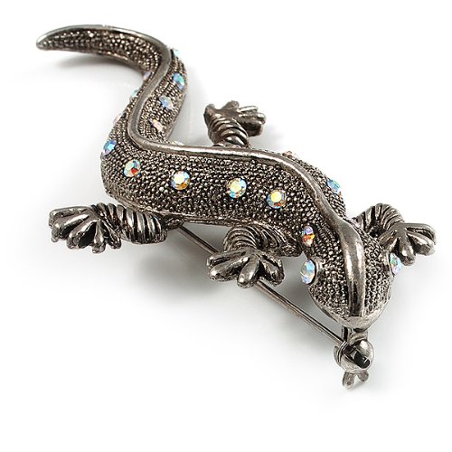 Avalaya Large Vintage Diamante Lizard Brooch (Silver Tone) #TOP3