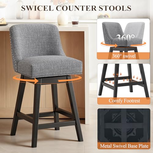 MALOL Set de 6 Butacos giratorios de 27 pulgadas para barra, con asientos acolchonados y patas de madera maciza, tapizados en lino color gris oscuro miniatura 4