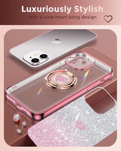 Image of XYZ for iPhone 12 Back Cover Case with Stand, Phone Case with Double Ring Kickstand, Women Girls Bling Luxury Glitter Clear Phone Case Cover Heart for iPhone 12, Rose Gold