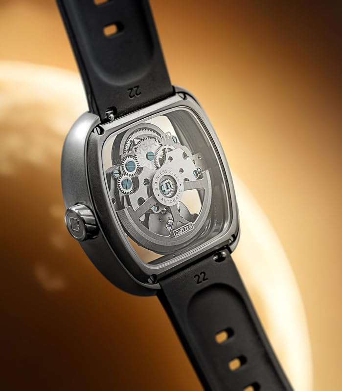 Image of QORUM Equinox Men's Automatic Skeleton Watch - Black Dial, Square Carbon Finish Case, Black Silicon Strap