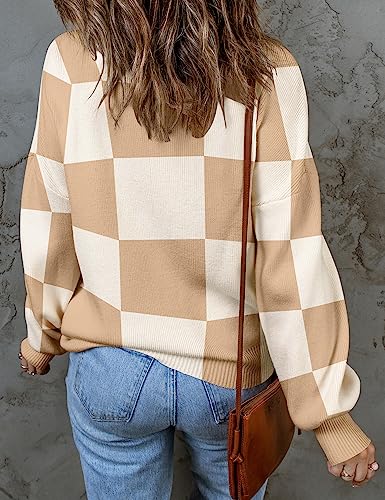 ZESICA Women's 2024 Fall Fashion Turtleneck Long Sleeve Striped Ribbed Knit Loose Pullover Sweater Tops,KhakiPlaid,Medium