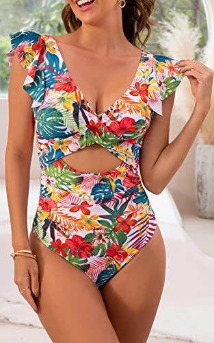 Image of B2prity One Piece Swimsuits for Women Ruffle Sleeve V Neck Bathing Suit Tummy Control Cutout Monokini Slimming Swimwear