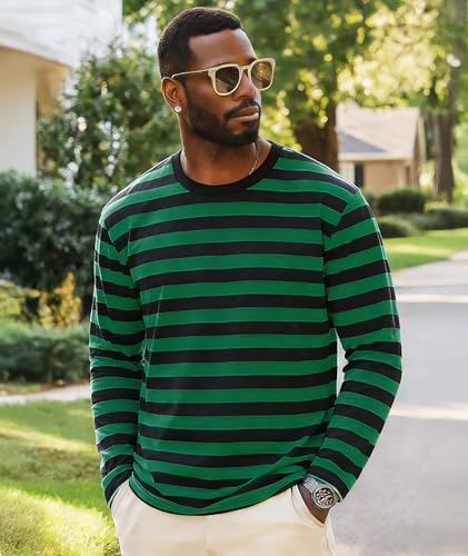 Image of KESIHAN Mens Striped Long Sleeve Shirt Crewneck Casual Basic Stripe Tee | Crewneck long sleeve striped tee with cotton spandex fabric,casual regular fit basic style for daily wear and layering.