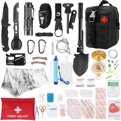 HIMOMO Kit de Supervivencia 102 en 1, Equipo de Supervivencia Kit de Emergencia para al Aire, Supervivencia de Bolsa de Herramientas para Que Viajan Hacen Montañismo Acampa, Hombres Regalo Ideal