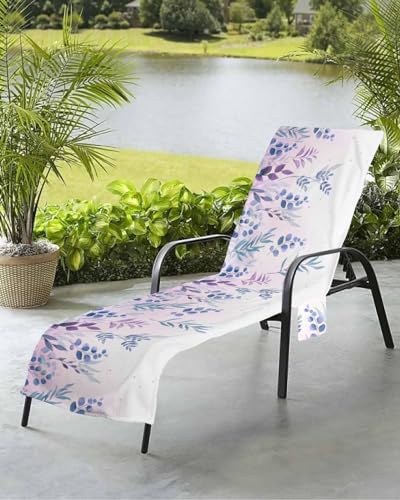 Watercolor Botanical Beach Chair Towel Covers for Chaise Lounge with Side Pocket, Soft Plush Pool Towels Cover for Patio Sunbathing Outdoor 29''x85'' Eucalyptus Leaves Flower Herb
