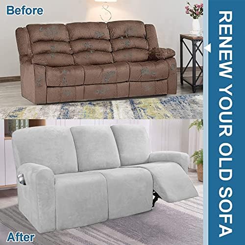 JHLD Stretch Recliner Cover, Velvet Recliner Chair Cover 1/2/3 Seater Recliner Slipcovers Soft Recliner Protector Non Slip With Elastic Bottom Furniture Protector For Kids Pets-light grey-3 seater