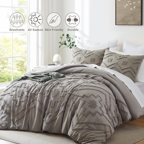 Image of Oli Anderson Boho Tufted Comforter Set Queen Size, 3 Pcs Soft Jacquard Bedding Set for All Seasons, Shabby Chic Farmhouse Bedding Set with Comforters for All Seasons (Grey, Queen)