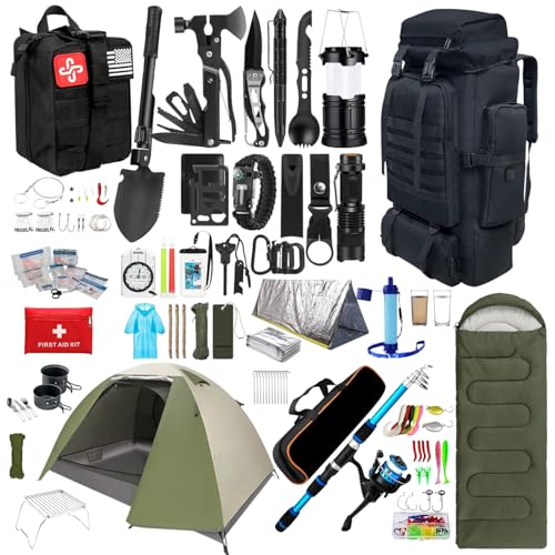 Mochila de escape, Pack Supervivencia, Equipo de Emergencia, Juego con Mochila Táctica de 70 Litros, Tienda de Campaña, Saco de Dormir, Kit de Primeros Auxilios, Utensilios de Cocina de Camping