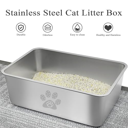 image for PWTAA Stainless Steel Cat Litter Box High Side Cats Toilet Metal Kitte