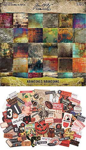 Tim Holtz Idea-Ology - 2019 Abandoned Halloween Paper Stash Pad & Halloween Ephemera - Two Item Bundle