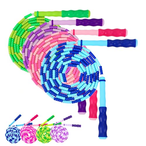  4 Stück Bunte Springseile 2,5m Verstellbar, Springseil Kinder 4–10 Jahre, PVC Perlen Seilspringen Set für Mädchen & Jungen, Langlebiges Sport Springseil für Schule, Outdoor & Fitness