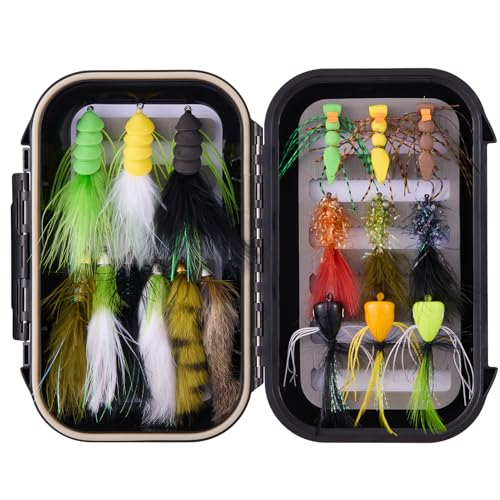 BASSDASH 18pcs Bass Fly Fishing Flies Dry Wet Flies Poppers in Hook Sizes 1/0 4 6 with Waterproof Fly Box