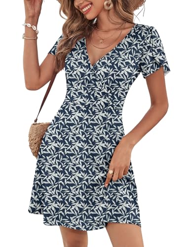 Image of ANRABESS Womens Summer Dresses Short Sleeve Wrap Deep V Neck A-Line Floral Dress Causal Flowy Boho Beach Vacation Sundress