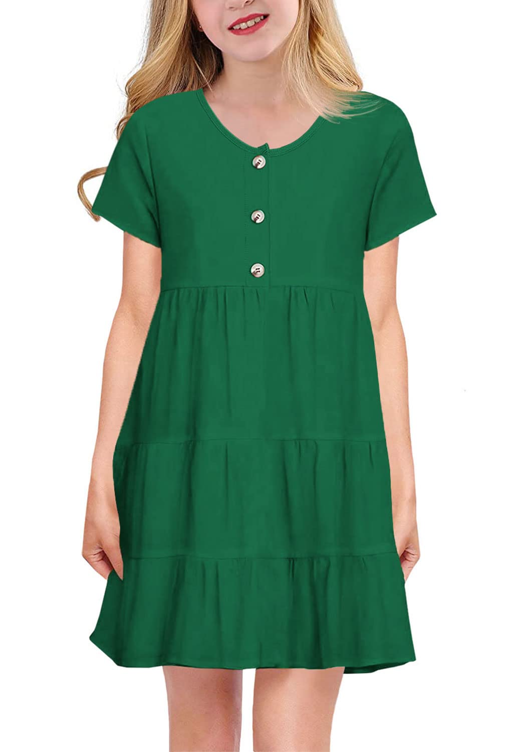 Haloumoning Girls Dresses Casual Short Sleeve Tiered Loose Button Down Ruffle Swing Dress 4-15 Years